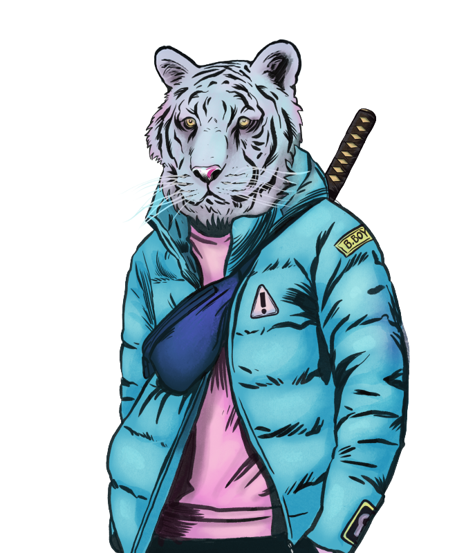 Ink Gang Boss tiger mascot: a white tiger in a teal puffer jacket with a katana on his back