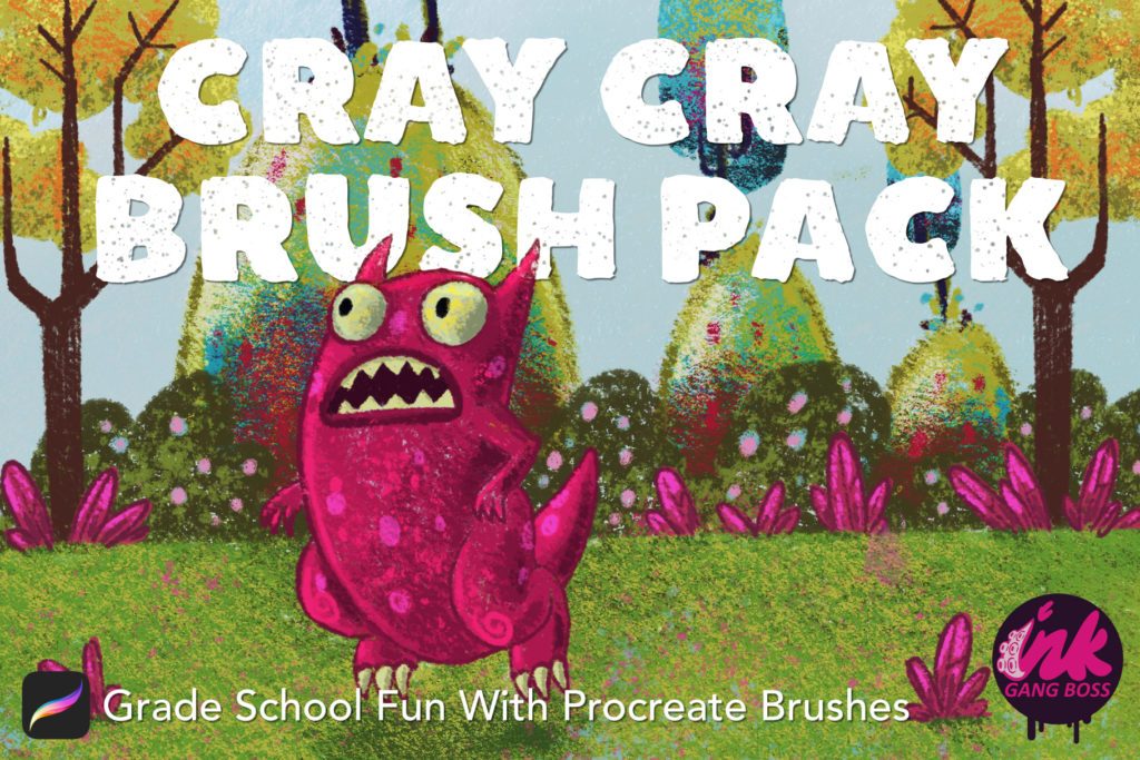 Pink crayon monster with googly eyes standing in a crayon forest