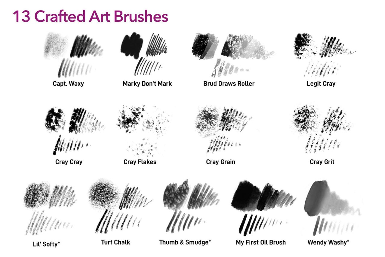 13 crafted art brushes: stroke samples