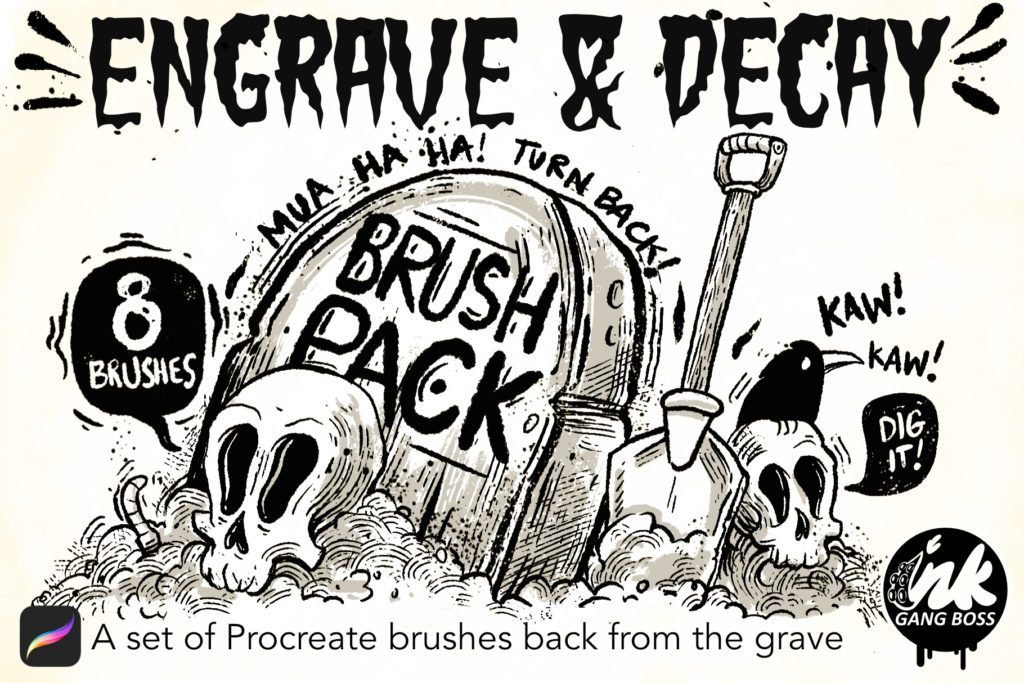 Tombstone, skulls, shovel and a cawing crow in engraved black ink on bone paper