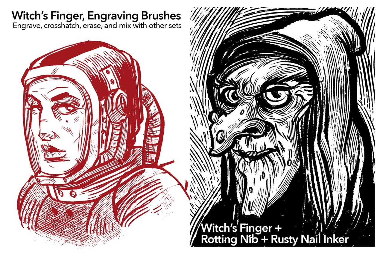 Witch's Finger engraving brushes: astronaut and hooded witch