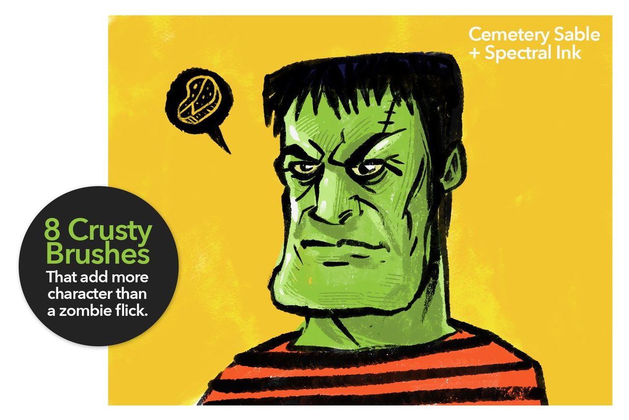 8 crusty brushes: Frankenstein's monster in Cemetery Sable and Spectral Ink