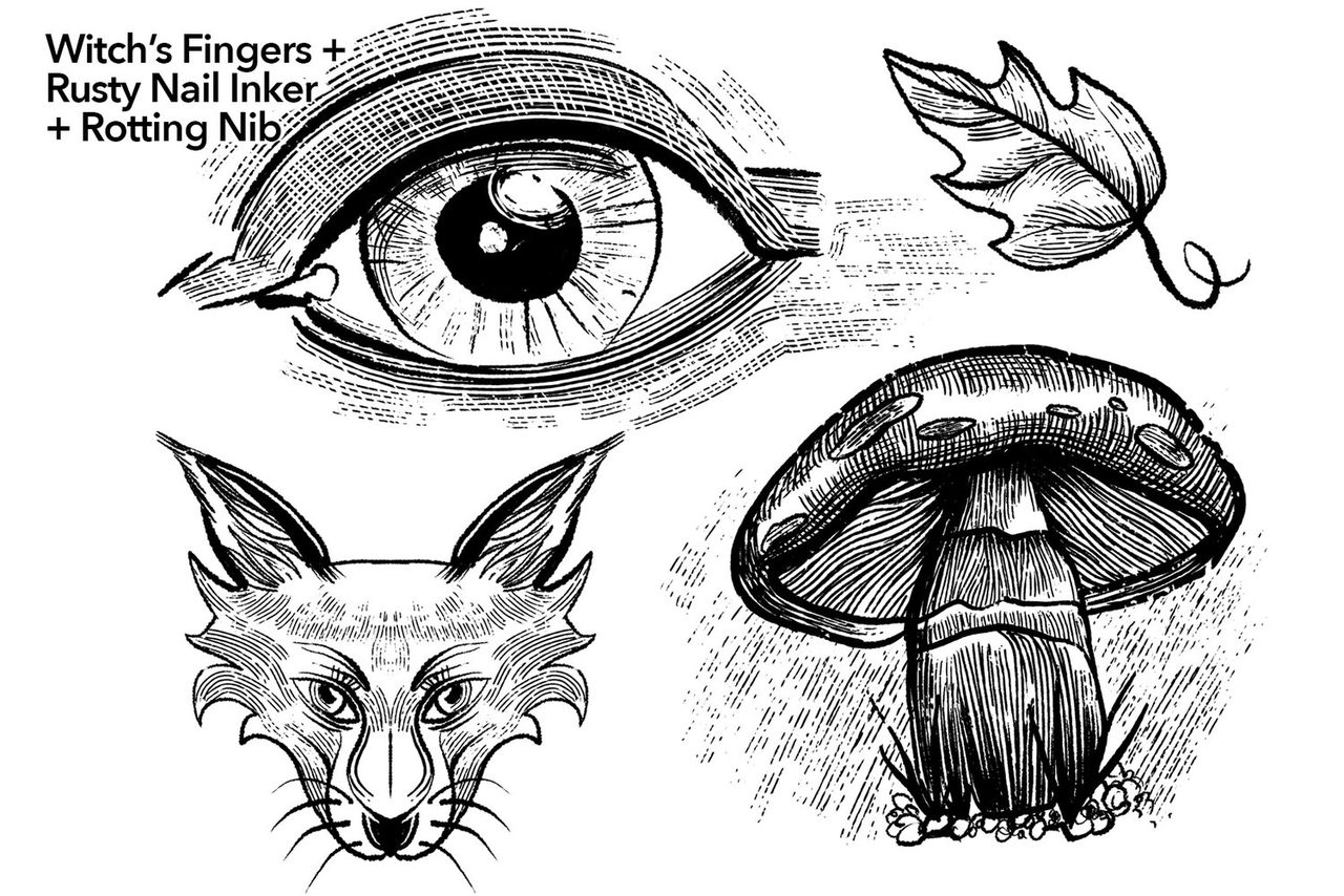 Eye, fox, leaf and mushroom in Witch's Finger, Rusty Nail Inker and Rotting Nib
