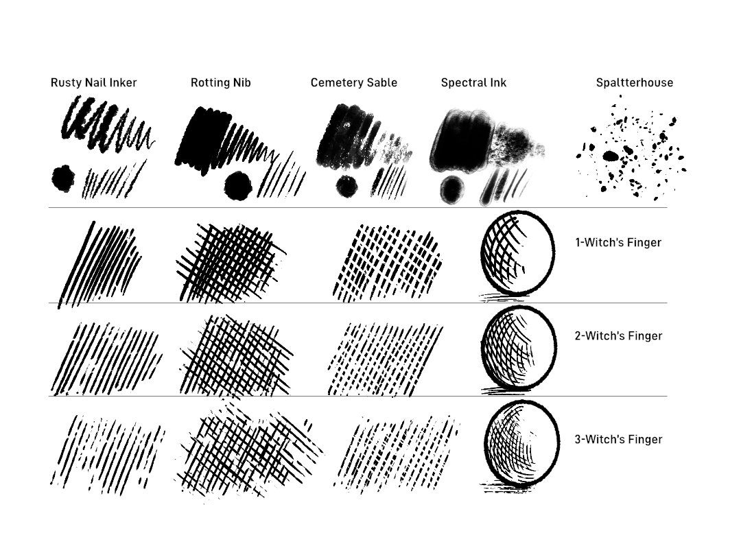 Stroke samples of all 8 Engrave & Decay brushes