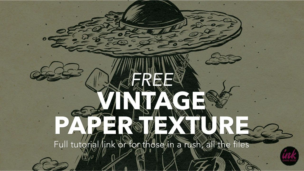 Free vintage paper texture for Procreate: an inked UFO shaped like a pizza abducting objects, on aged green paper