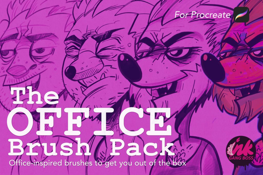 Row of scruffy cartoon wolf and creature heads drawn in ballpoint pen on magenta