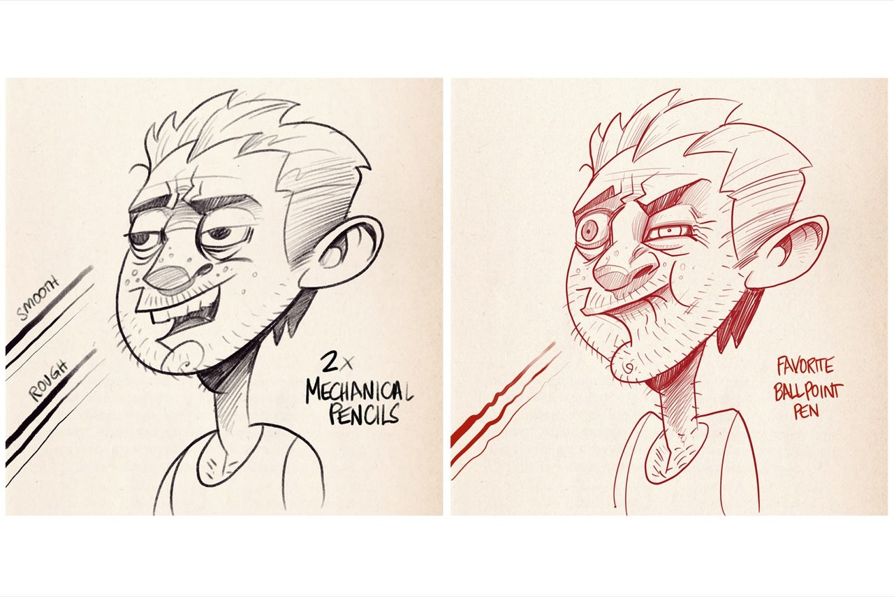 Two caricature sketches made with Mechanical Pencil and Favorite Ballpoint