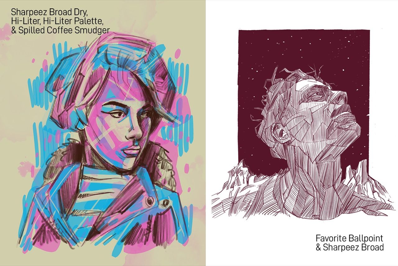 Portrait scribbled with Sharpeez, Hi-Liter and Spilled Coffee Smudger