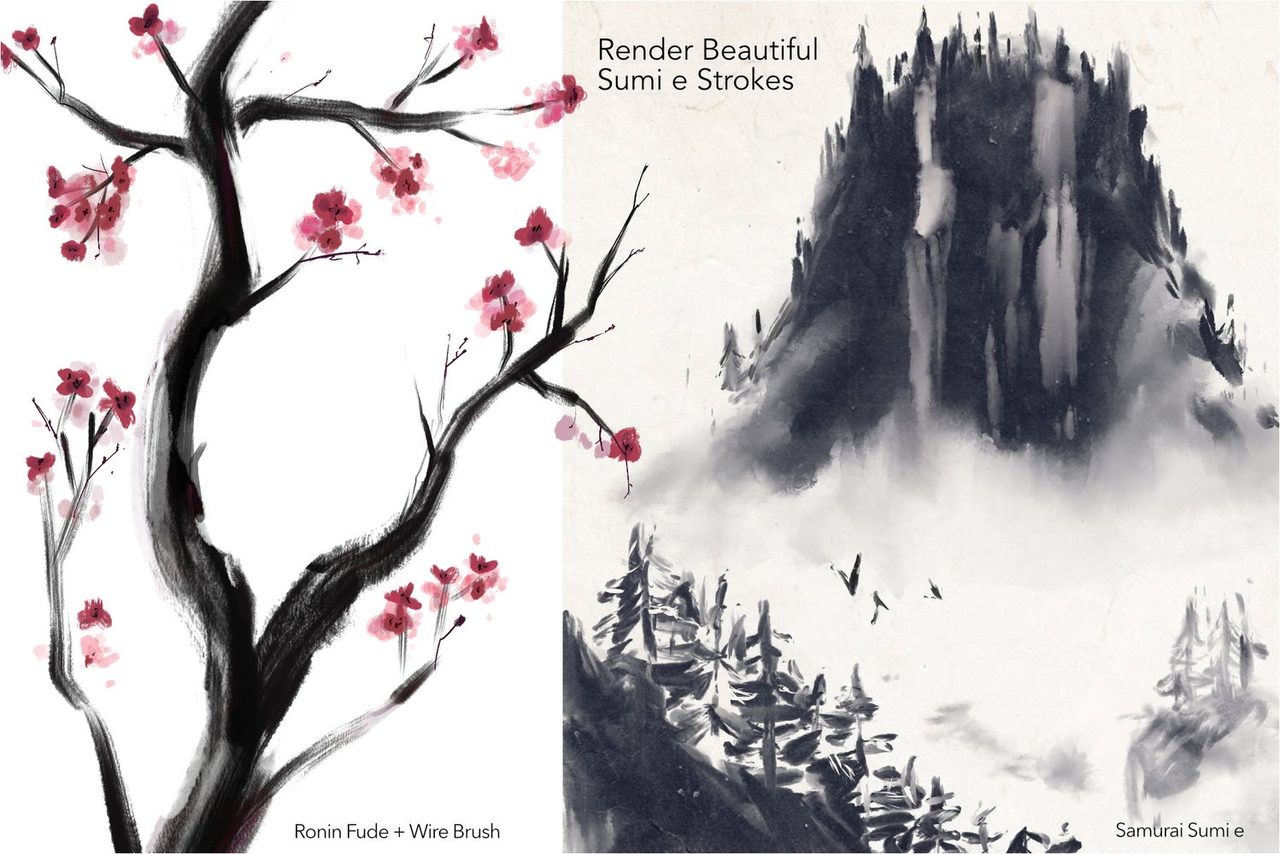 Sumi-e strokes: blossom branch and misty mountain