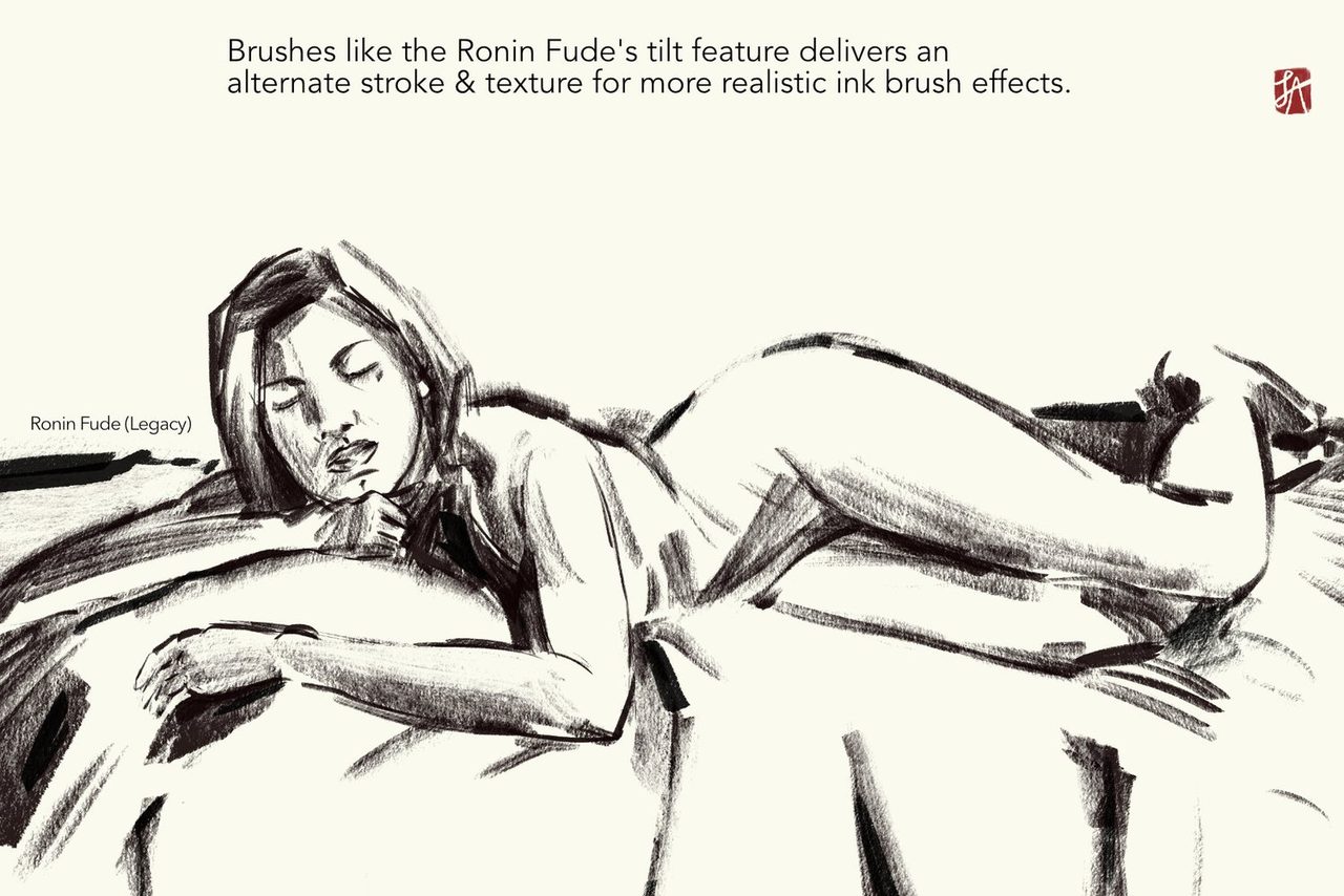 Ronin Fude tilt strokes: reclining figure in ink