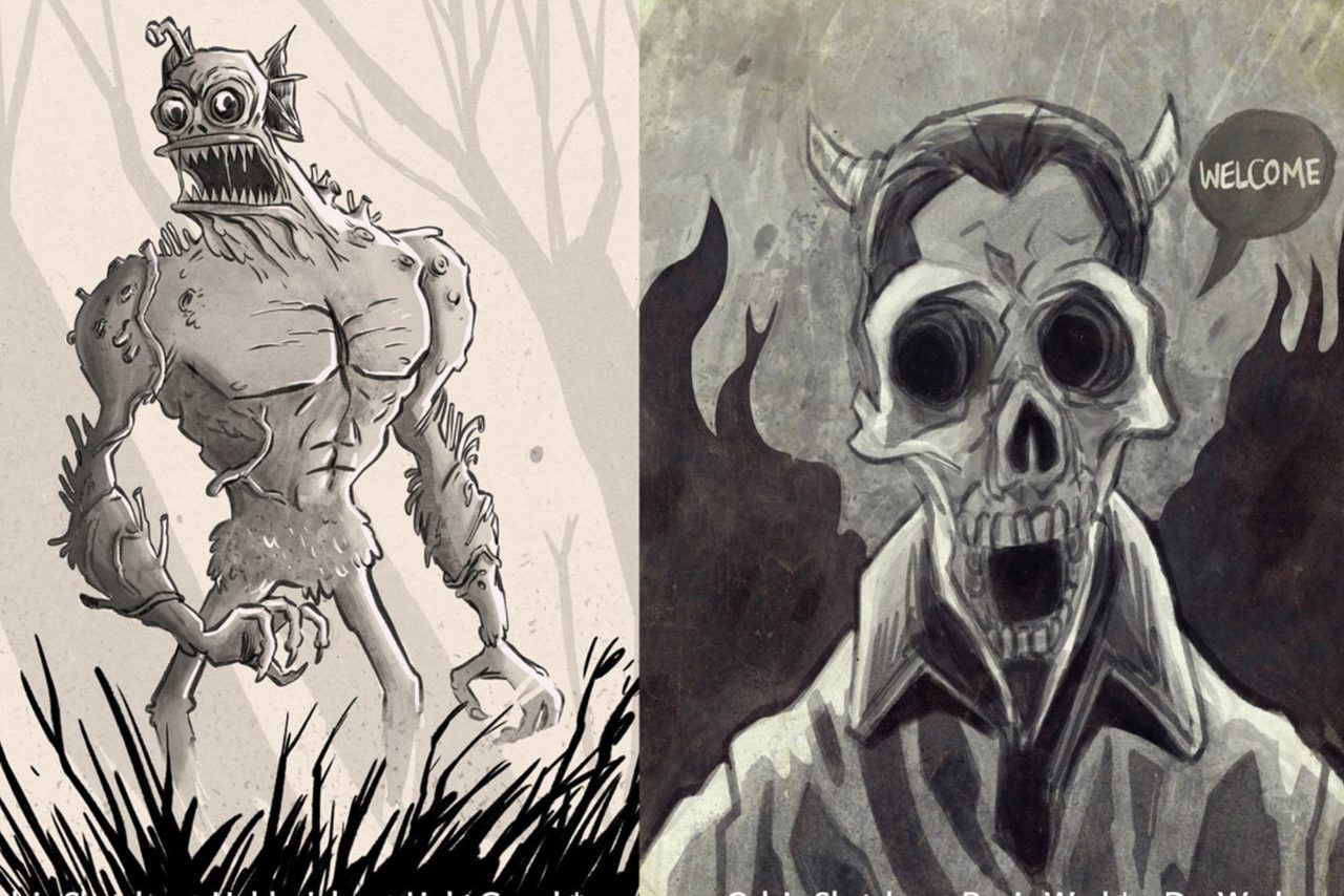 Creature and skull portrait in ink and wash