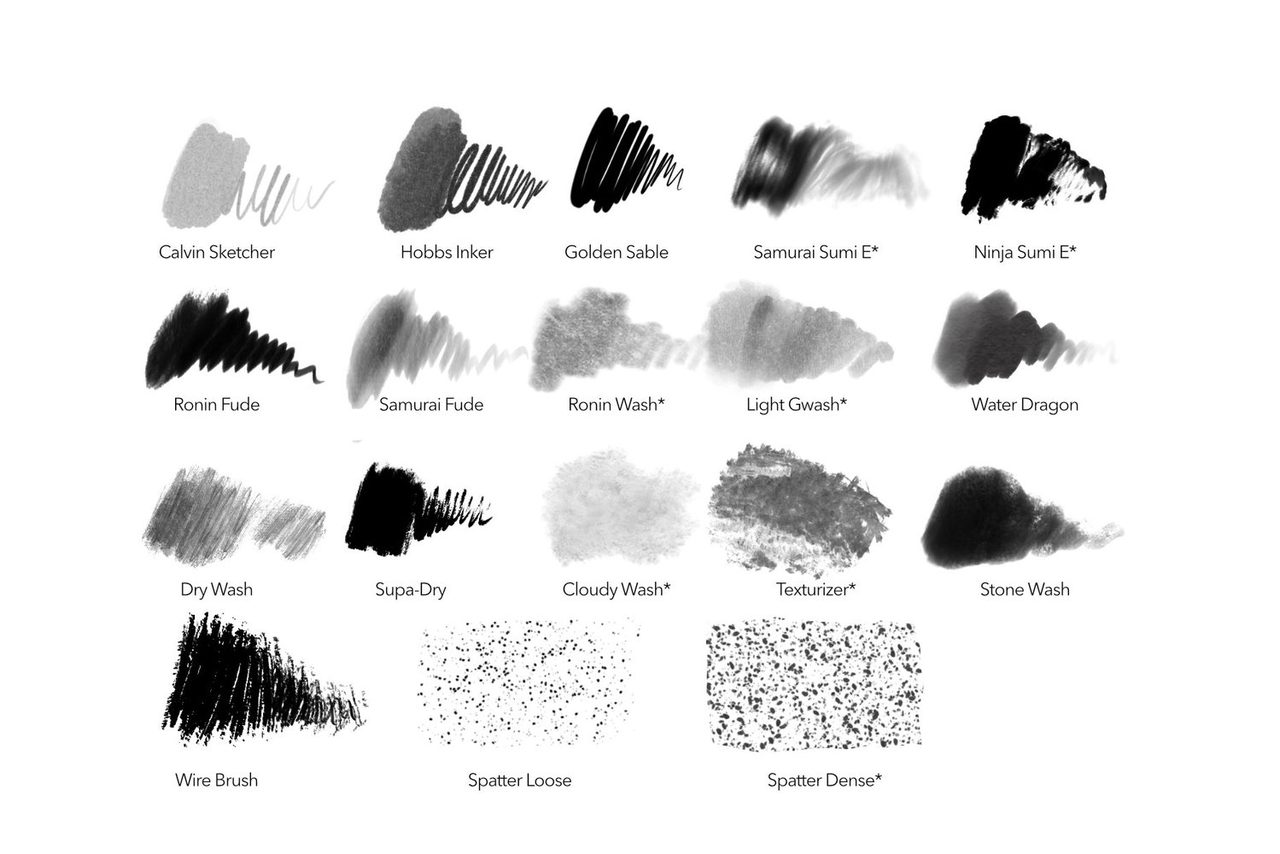 Stroke samples of the Samurai Inks brushes