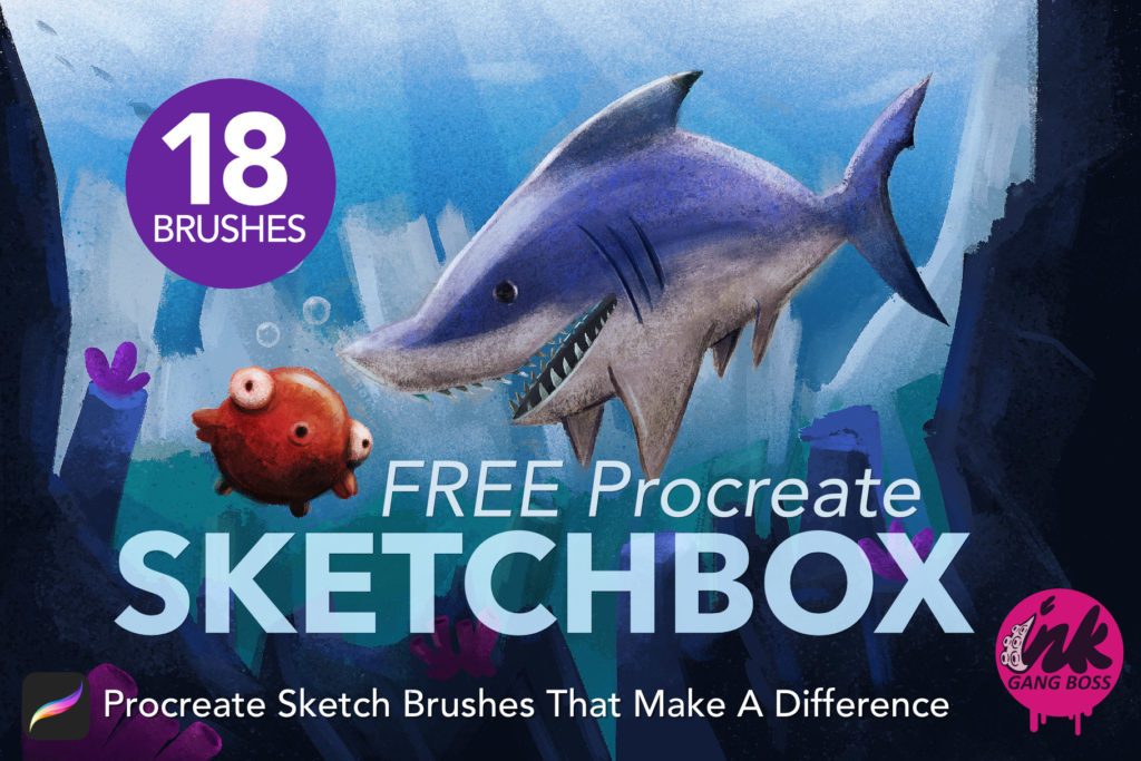 Grinning shark and a small red pufferfish in a blue underwater scene, sketched with SketchBox brushes