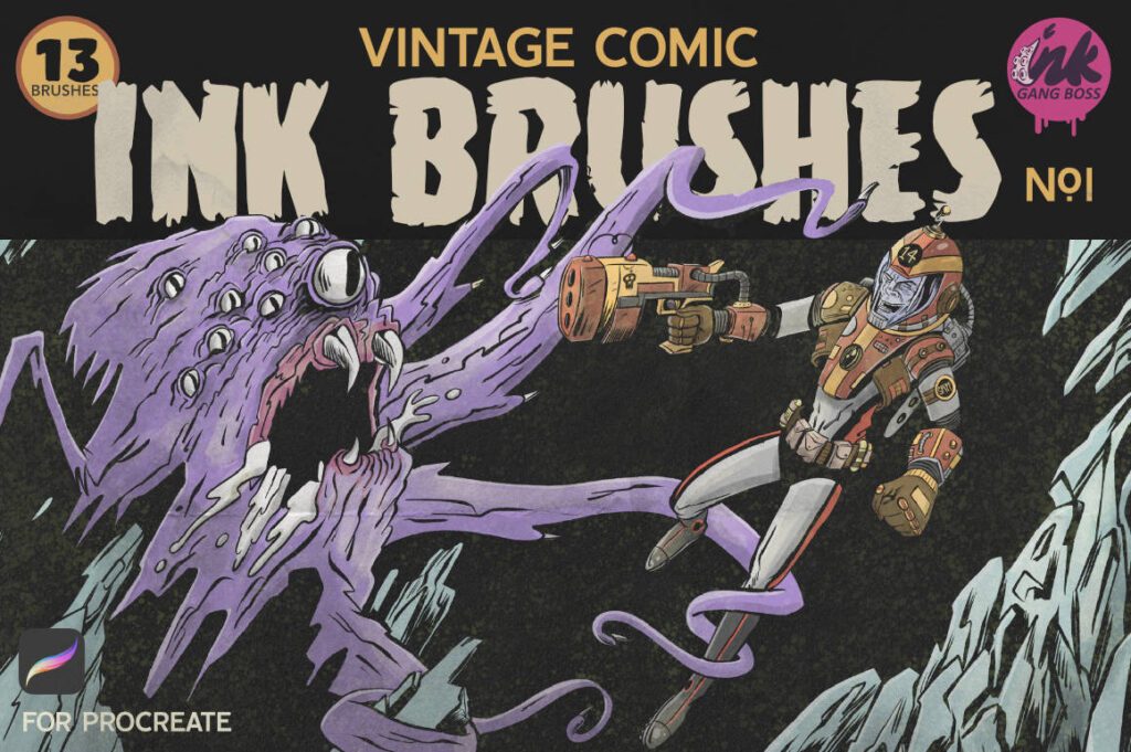 Purple many-eyed monster lunging at an astronaut, inked with Vintage Comic brushes