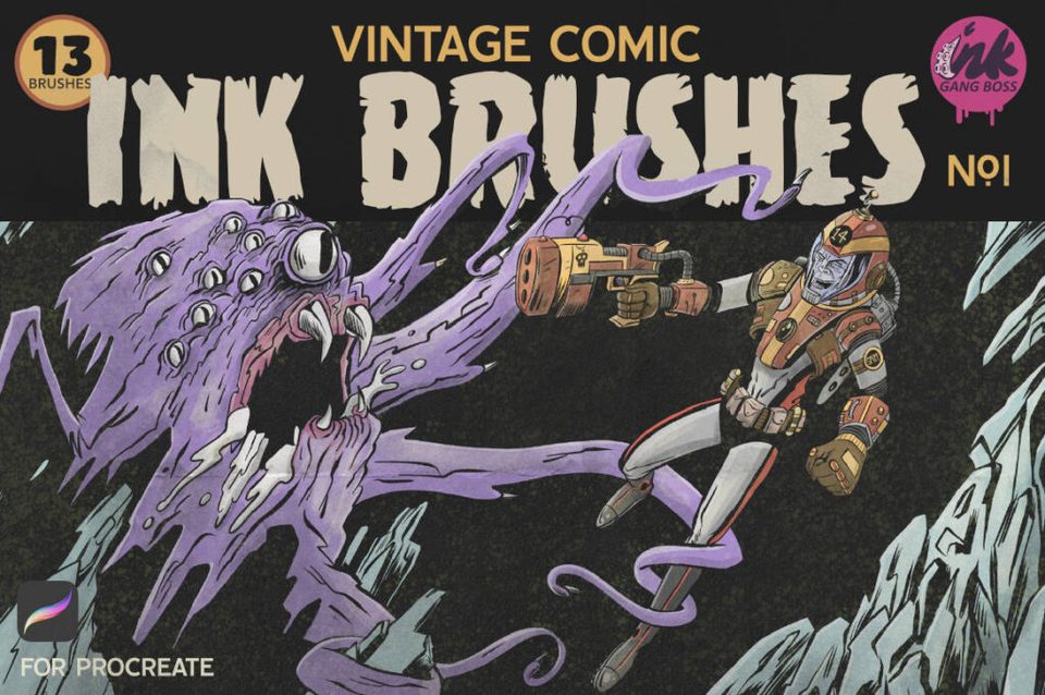 Purple many-eyed monster lunging at an astronaut, inked with Vintage Comic brushes