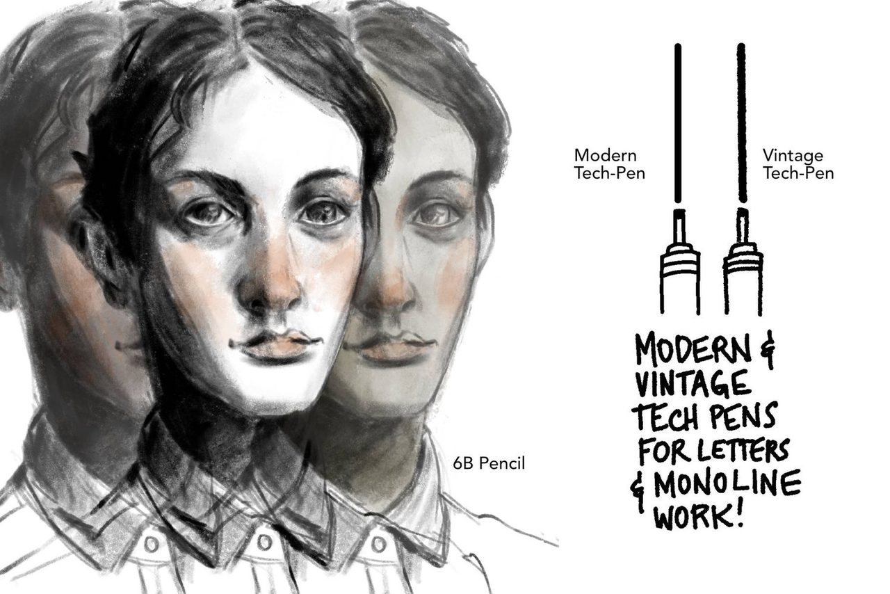 6B Pencil portrait and modern and vintage tech pens for letters and monoline work