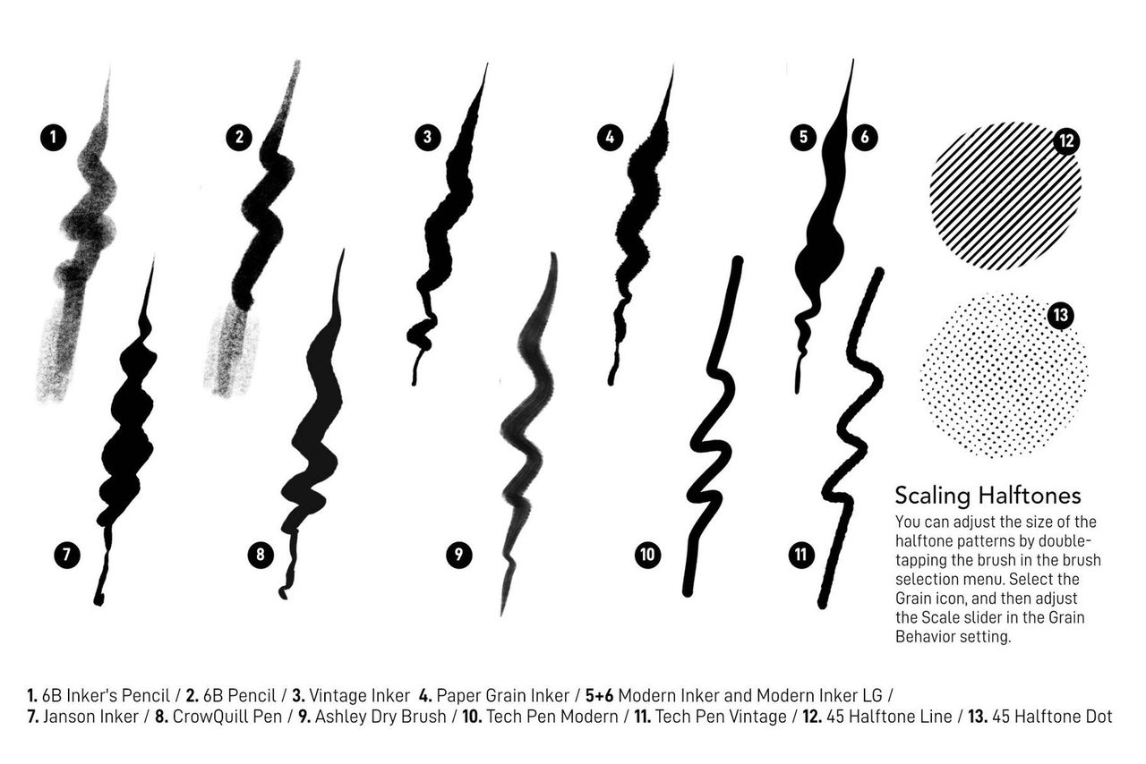 Stroke samples of all 13 brushes and scaling halftones